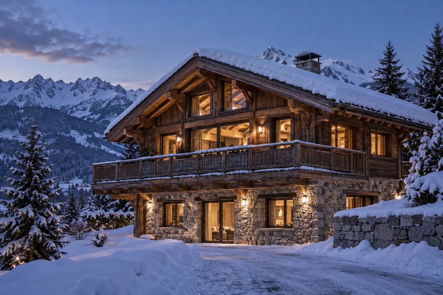 A timber-and-stone Alpine chalet with snow-covered roofs and warm windows at dusk.