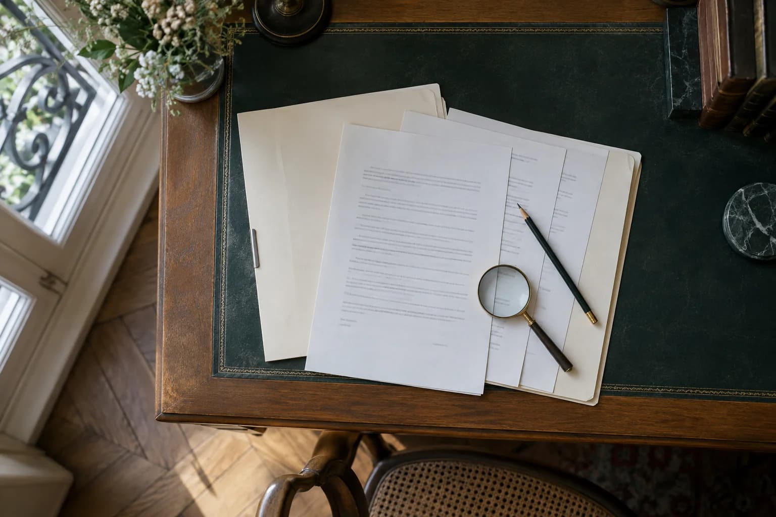 Mortgage documents, a pencil and a magnifying glass arranged for review on a writing desk.