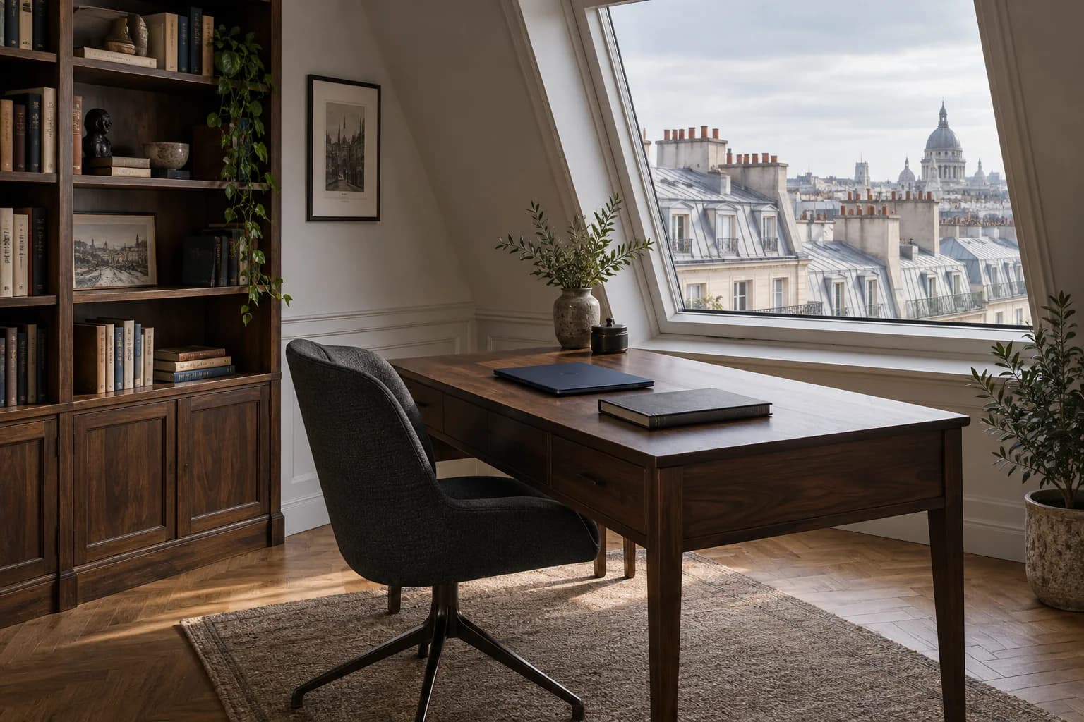 A walnut desk and closed laptop in a Paris study overlooking zinc rooftops.