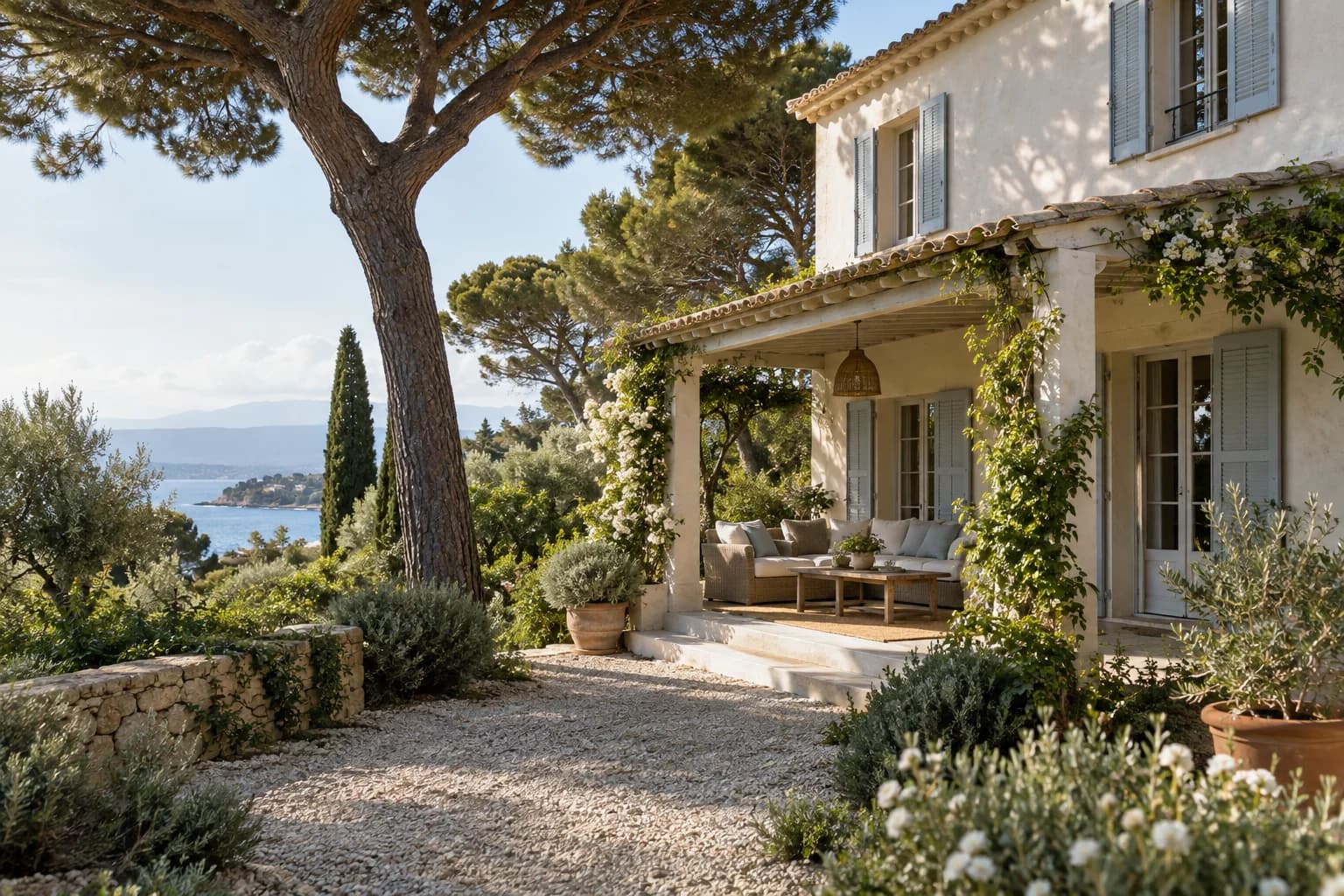 A pale Riviera home with blue shutters and a furnished veranda beneath a coastal pine.