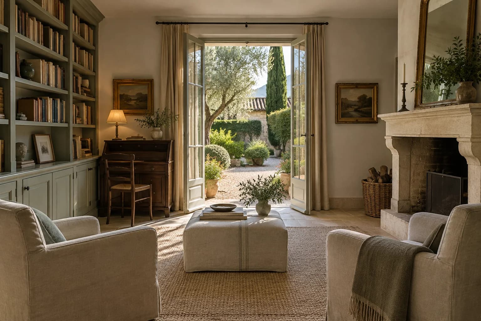 A furnished French villa library opening onto a mature walled garden.