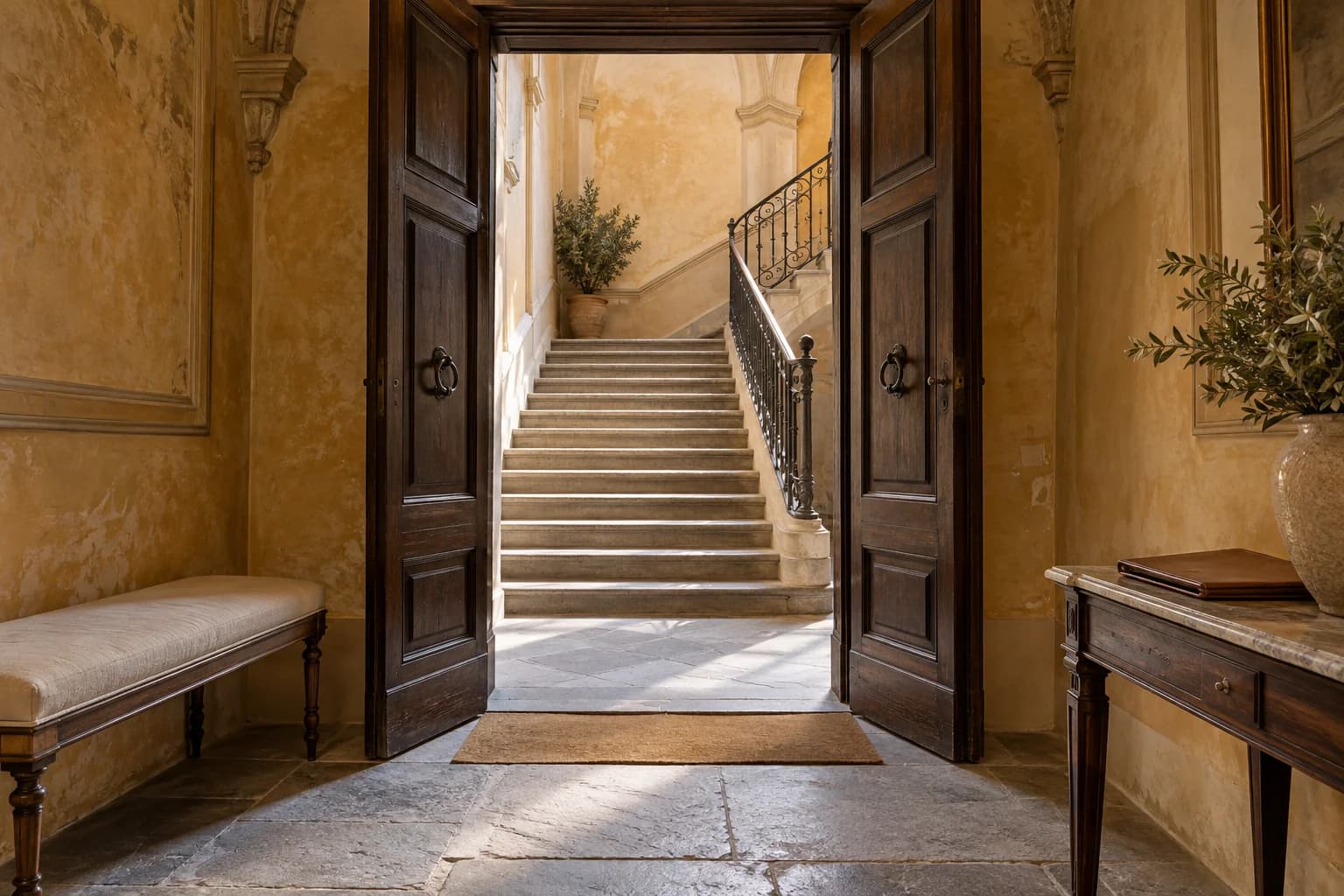 Timber doors framing a stone staircase in a historic Florentine entrance hall.