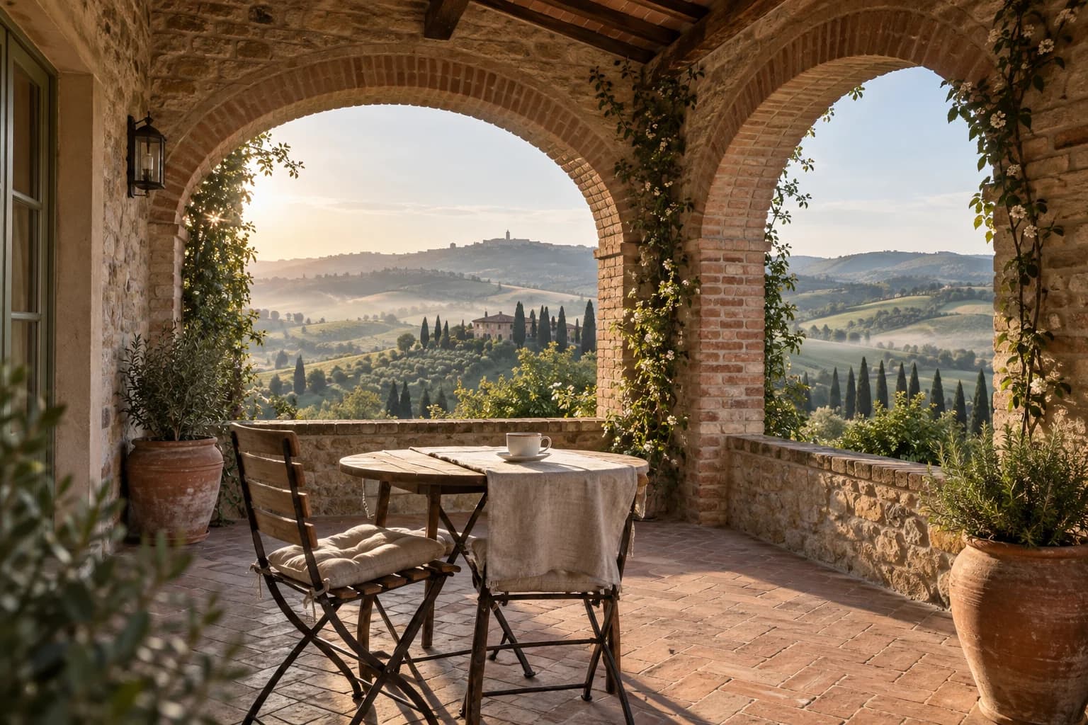 A furnished Tuscan loggia with brick arches overlooking cypress-lined countryside.