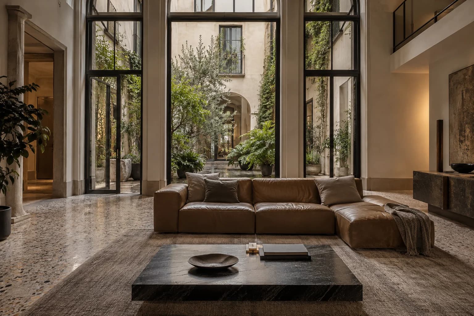A contemporary Milan palazzo living room opening onto a planted internal courtyard.