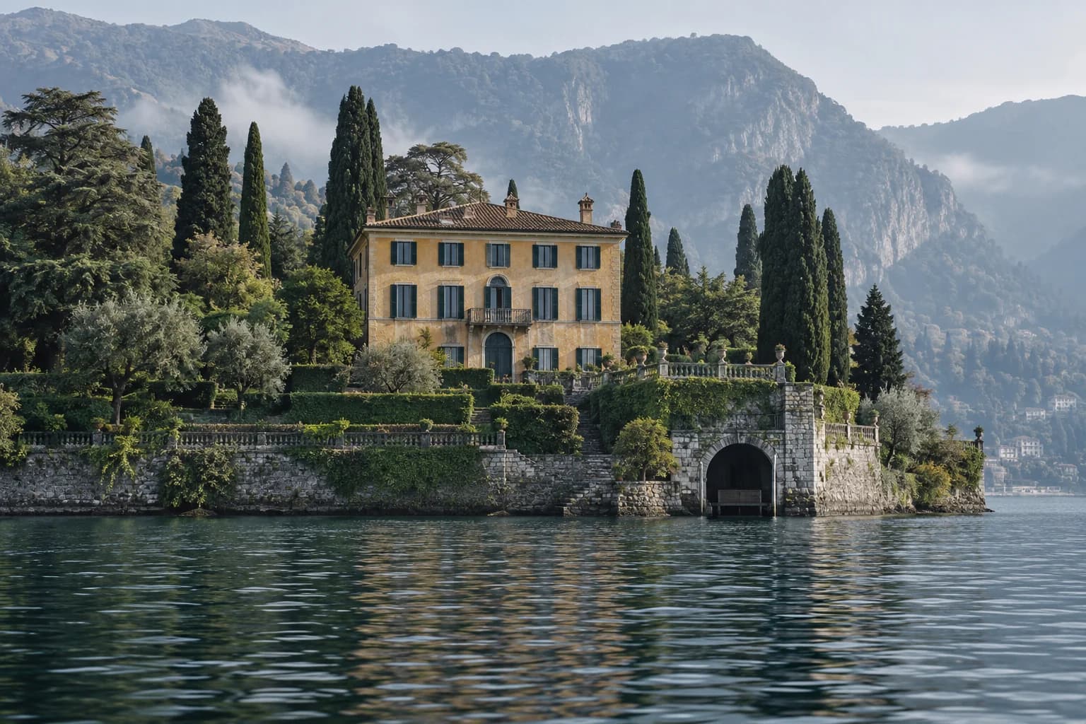 A lakeside Italian villa with terraced gardens and a boathouse viewed from Lake Como.