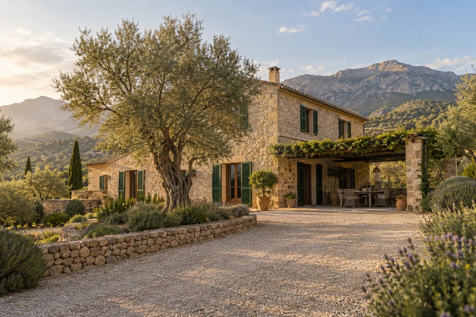 A Mallorcan stone finca with green shutters and an olive tree near the Tramuntana foothills.