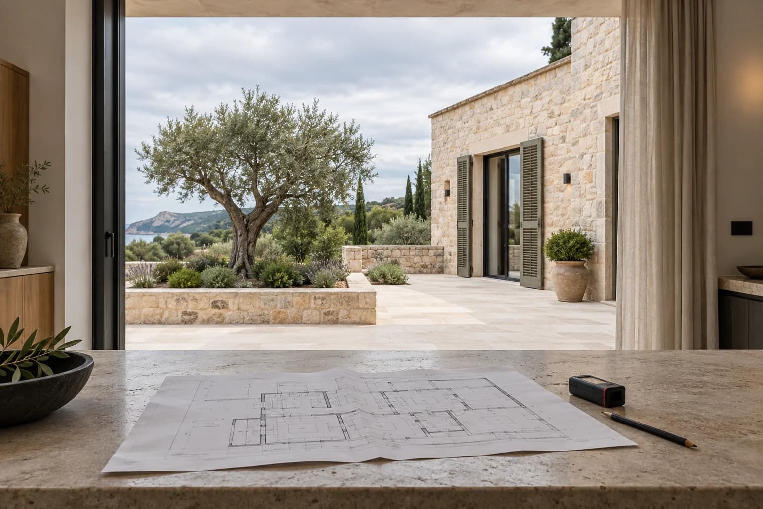 A floor plan and measuring device beside the terrace of a Spanish limestone villa.