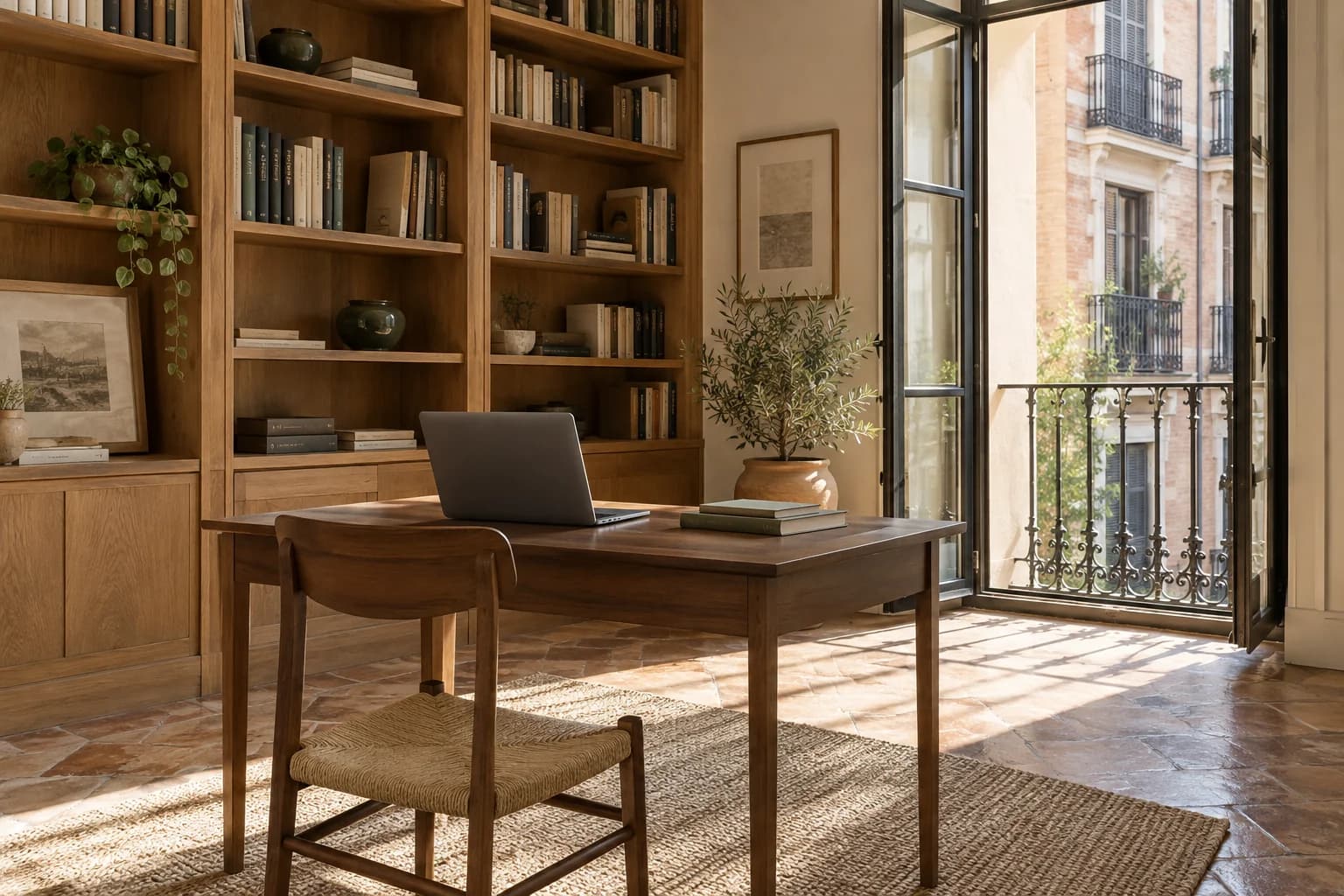 A laptop and account books on a desk in a sunlit Madrid home office.
