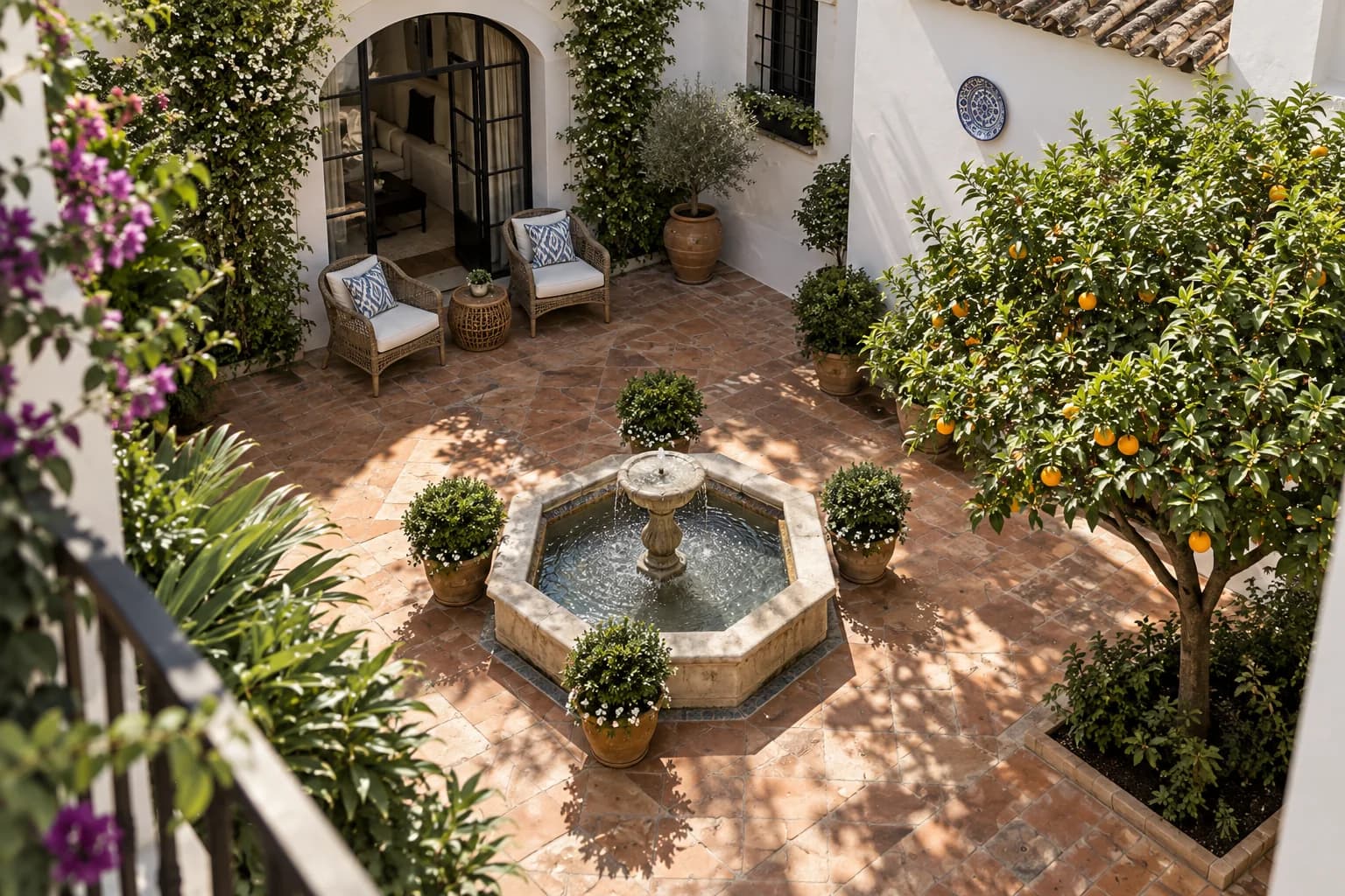 An Andalusian courtyard with a stone fountain, orange tree and shaded seating.