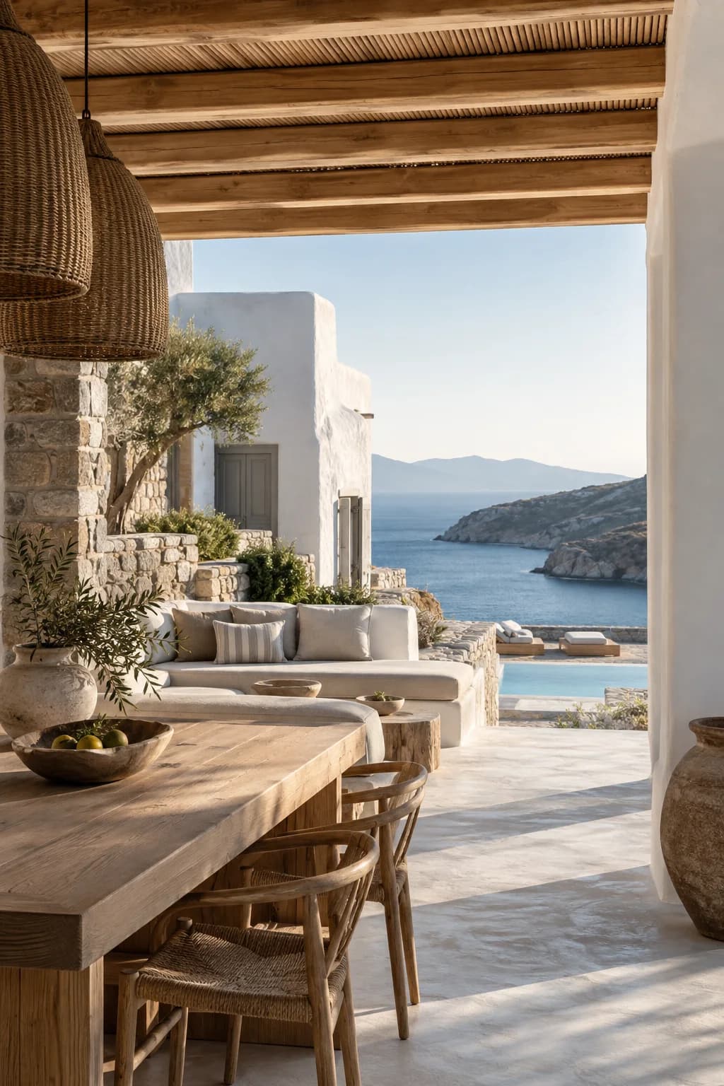 A furnished Cycladic villa overlooking a quiet cove in Mykonos